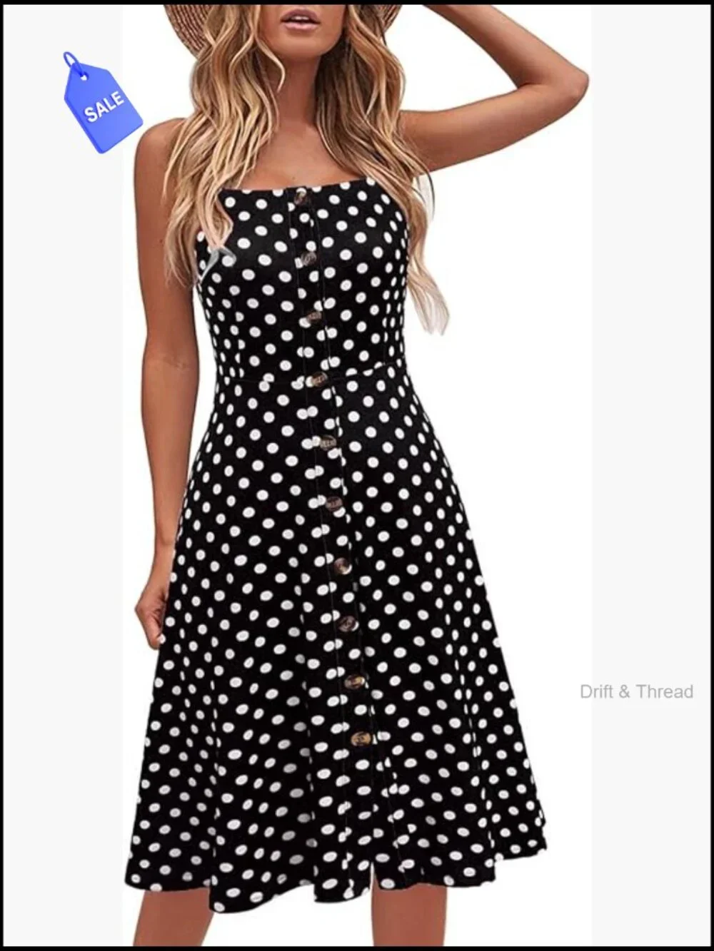Women's Casual Cotton Spaghetti Strap Midi Sundress with Buttons - Picture 1 of 7